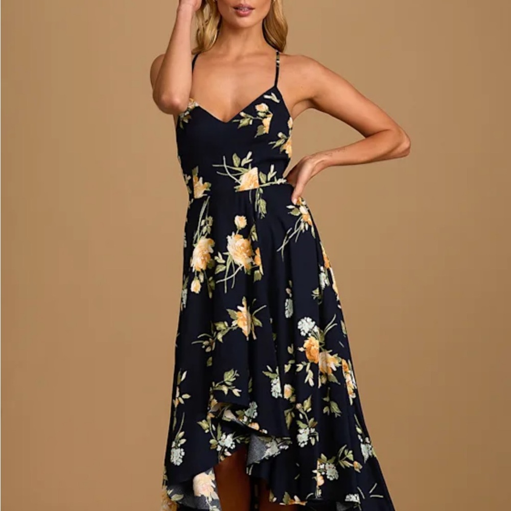 Lulus Best Times Floral Navy High Low Maxi Dress